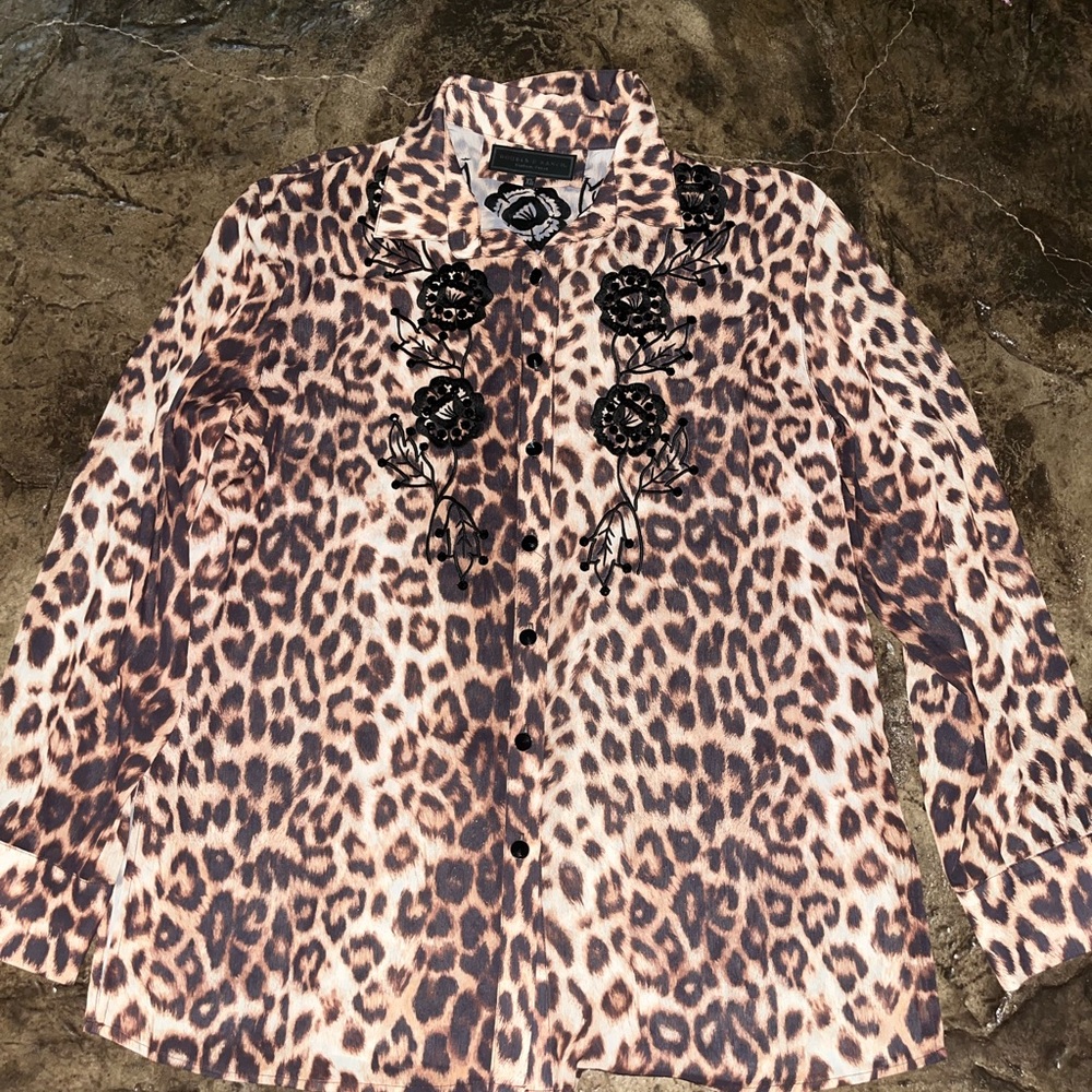 Double D Ranch Leopard Print Blouse With Black Em… - image 1